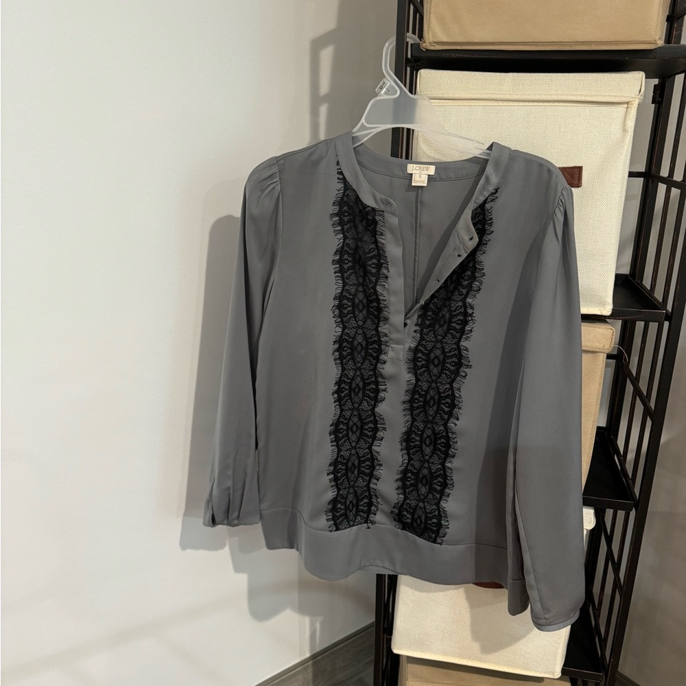 J. Crew Black and Gray Ruffled Mandarin Collar Blouse